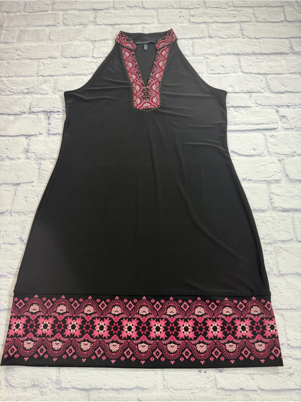 WHBM Black Sleeveless Dress with Pink Geometric  Embroidery. Size M.